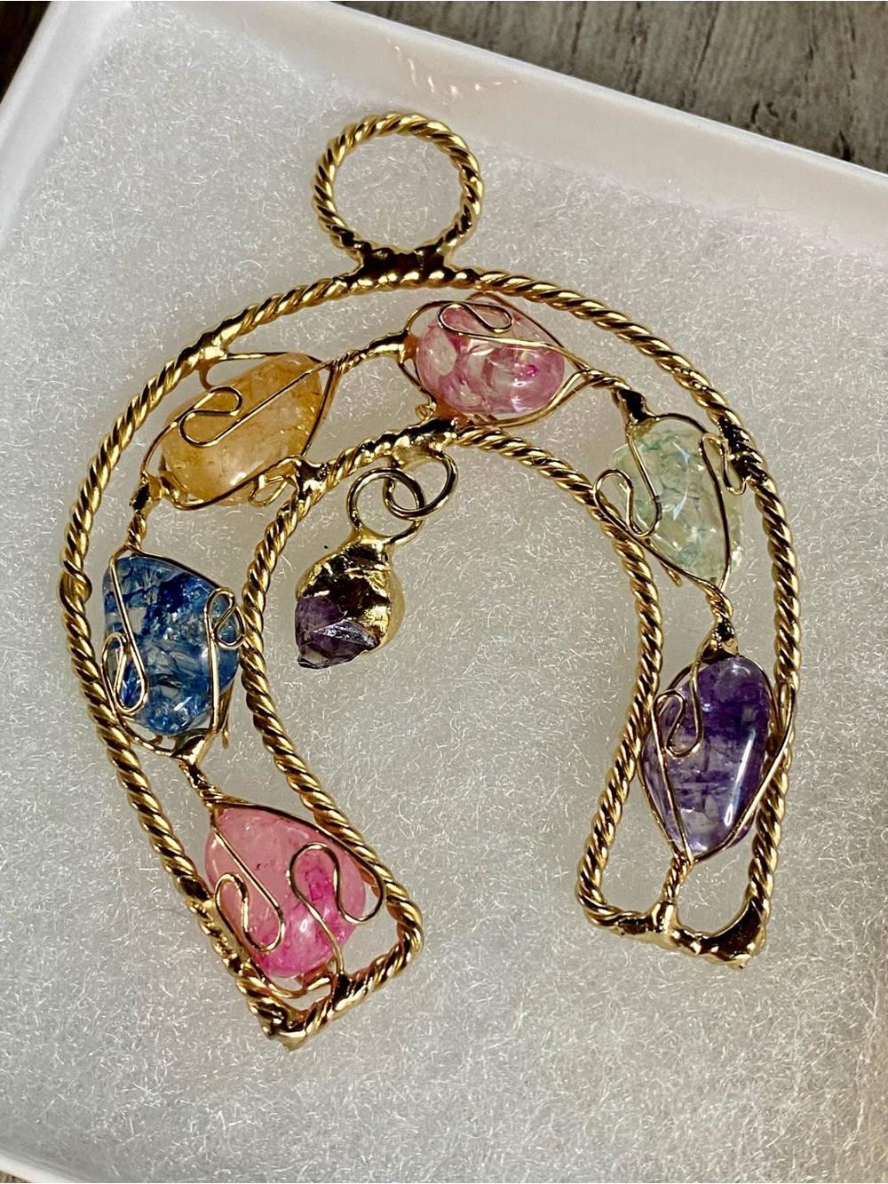 Gold-Tone Multi-Colored Wire-Wrapped Gemstone Pendant